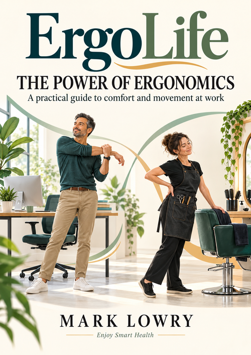 ErgoLife The Power of Ergonomics by Mark Lowry, with an illustrated office worker and hairdresser taking a movement break.